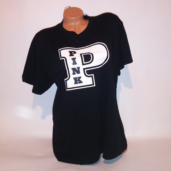 Victoria Secret PINK T Shirt‎ Black Cream Logo Crew Neck Short Sleeve Campus Tee - Picture 5 of 12